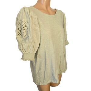 DESIGN HISTORY Cotton‎ Crochet Puff Sleeve Textured Top Light Sage Green X Large